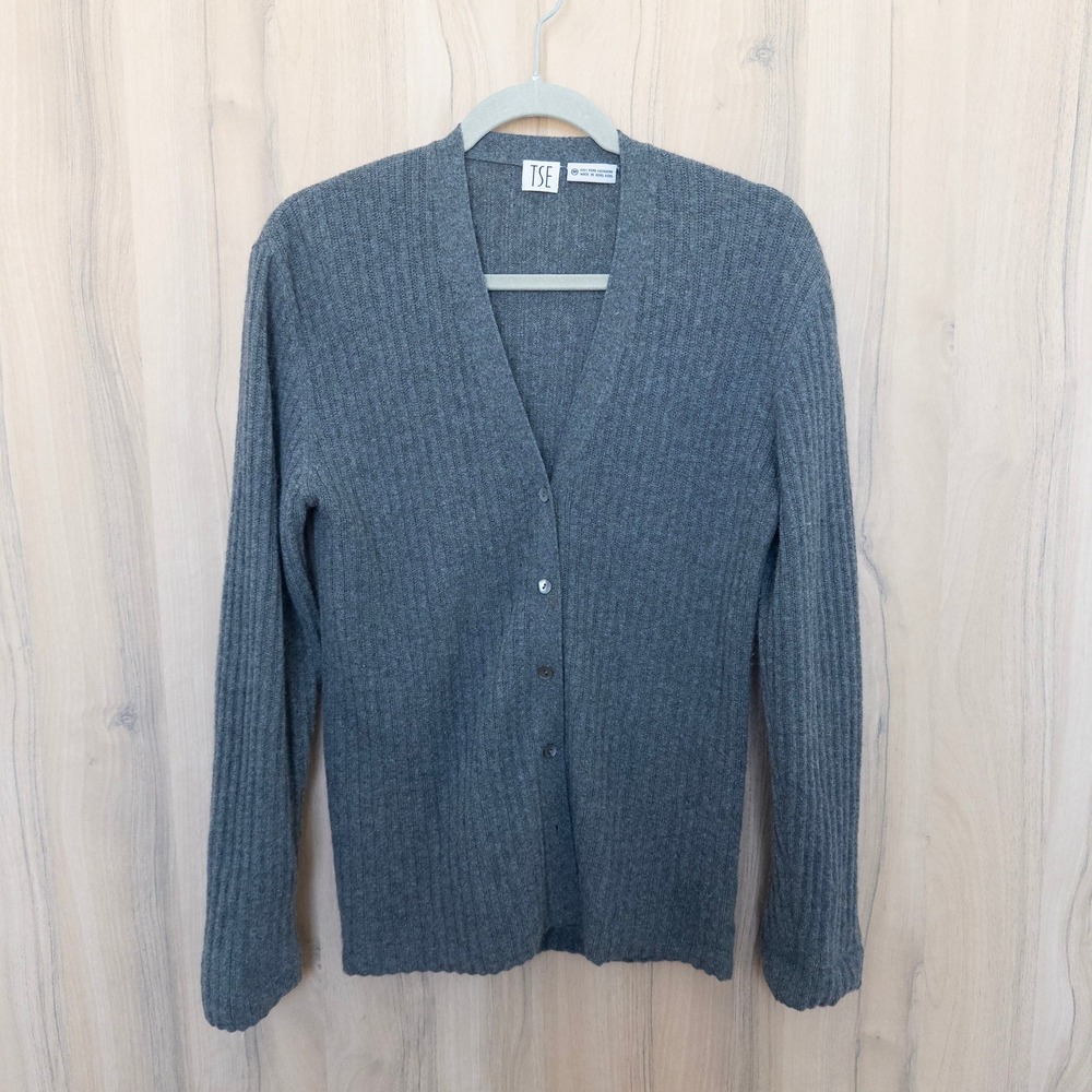 TSE Womens Pure Cashmere Cardigan Size M Gray Ribbed V-Neck Quiet Luxury Preppy